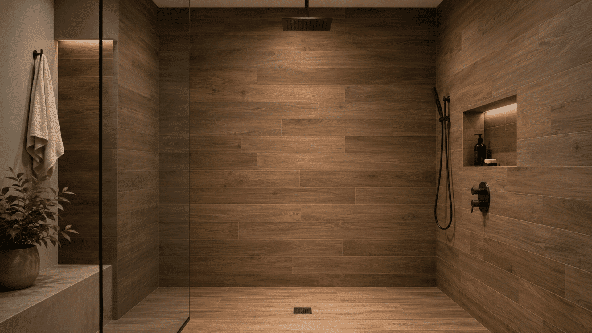 wood-look tile shower with rainfall head, handheld sprayer, and recessed niche