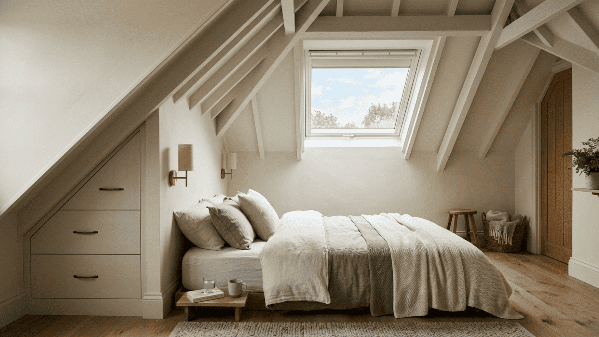 Bright guest bedroom with sheer curtains, pale bedding, and a canopy bed
