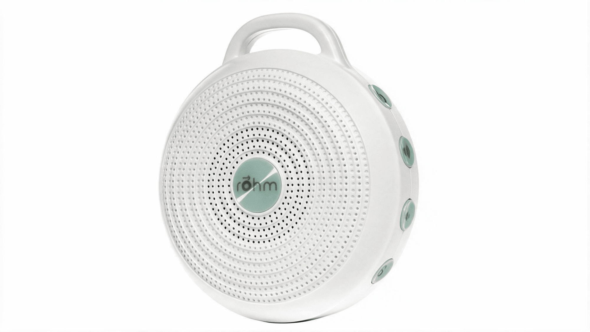 yogasleep rohm portable white noise machine with circular speaker grille, handle design, and side control buttons on a clean background