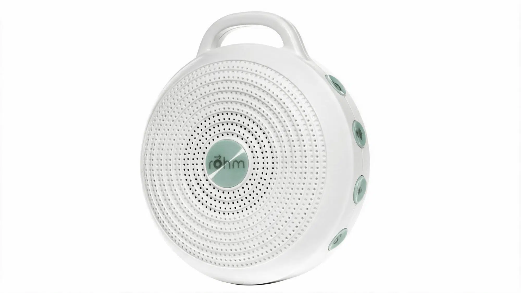 yogasleep rohm portable white noise machine with circular speaker grille, handle design, and side control buttons on a clean background