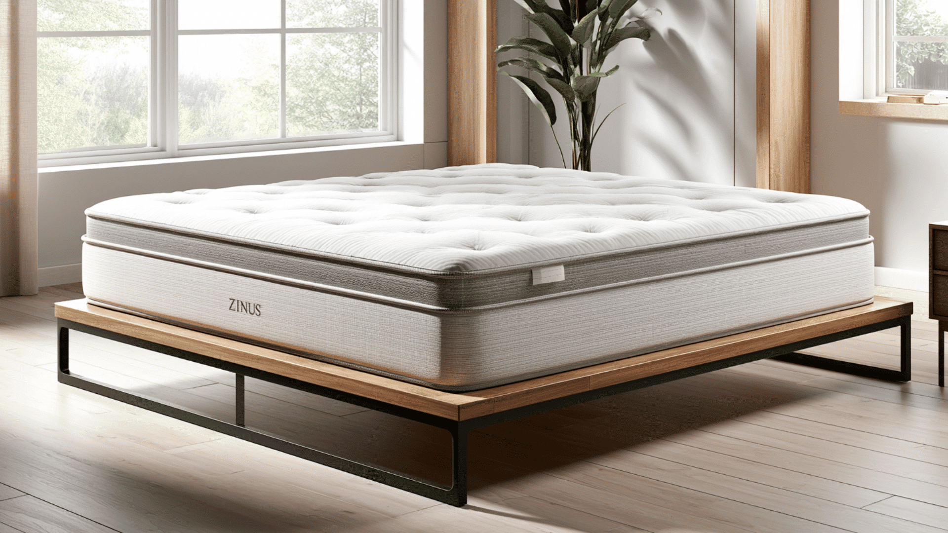 zinus green tea hybrid mattress on platform bed in bright bedroom