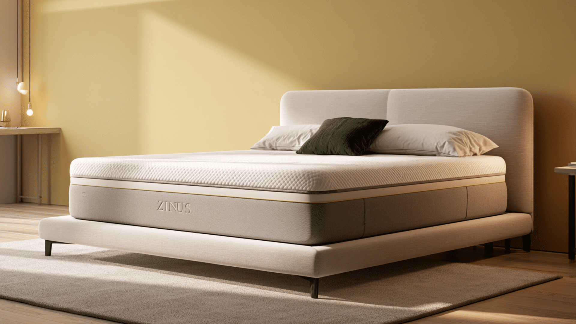 zinus green tea memory foam mattress on modern bed frame