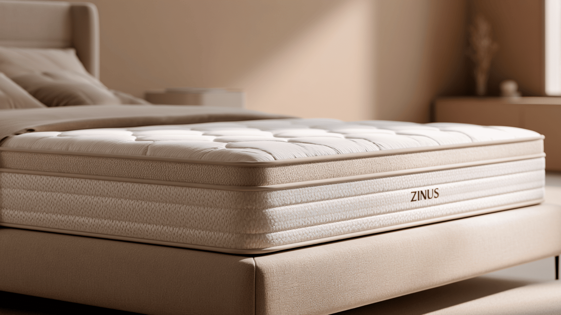 zinus hybrid mattress close view with layered white mattress design