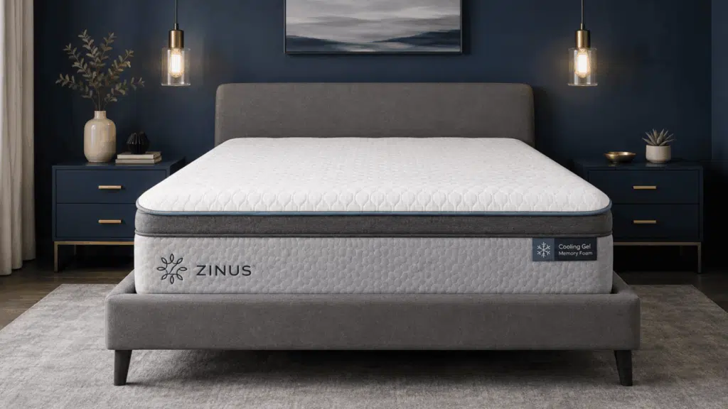 zinus cooling gel memory foam mattress on a gray bed in a dark blue bedroom