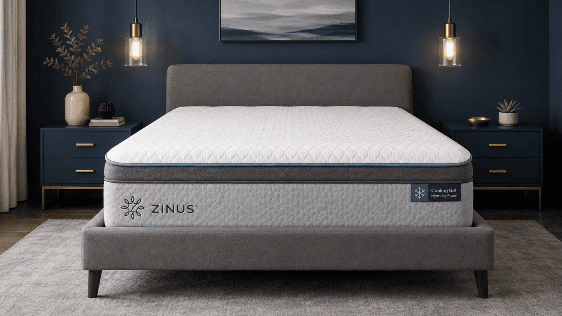 zinus cooling gel memory foam mattress on a gray bed in a dark blue bedroom