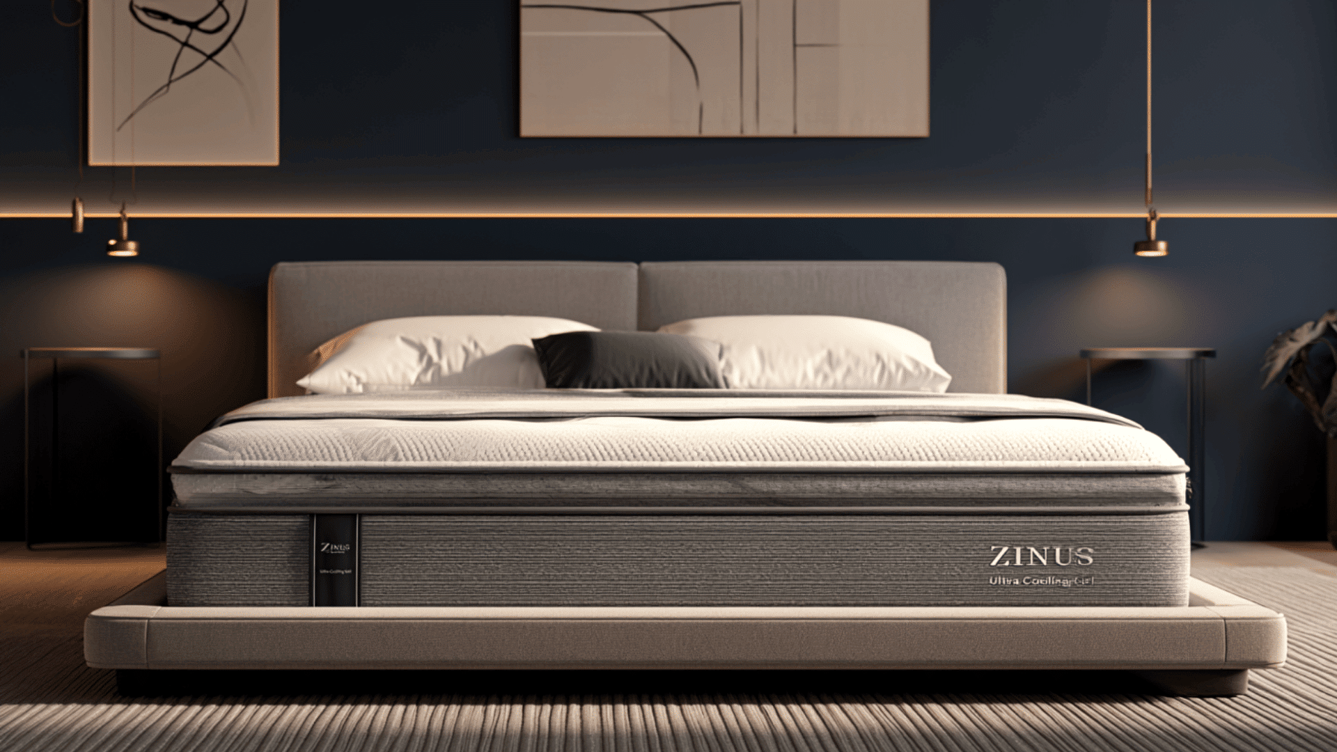 zinus cooling gel mattress on a gray bed in a modern dark blue bedroom