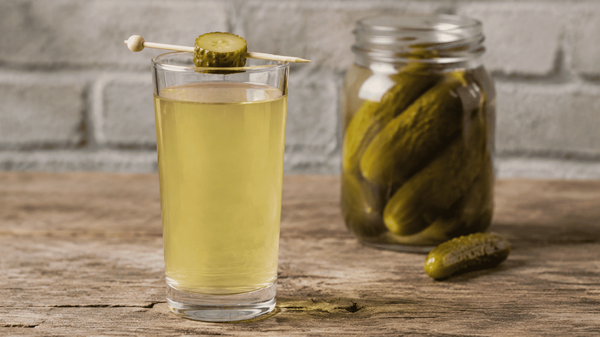 tall glass of pale yellow-green pickle juice with a pickle slice on the rim and an open jar of dill pickles behind it