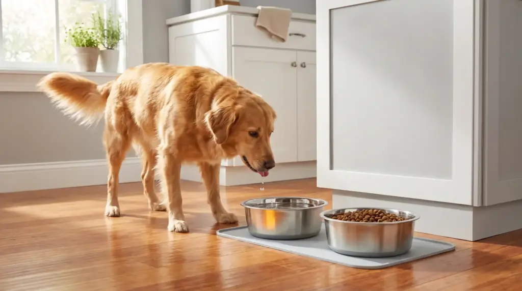 Golden retriever drinking water beside food bowl in bright kitchen with wooden floor