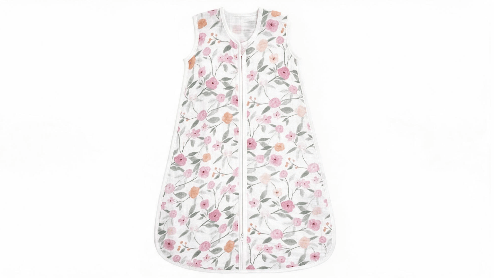 white floral baby sleeping bag with pink flowers and front zipper on white background