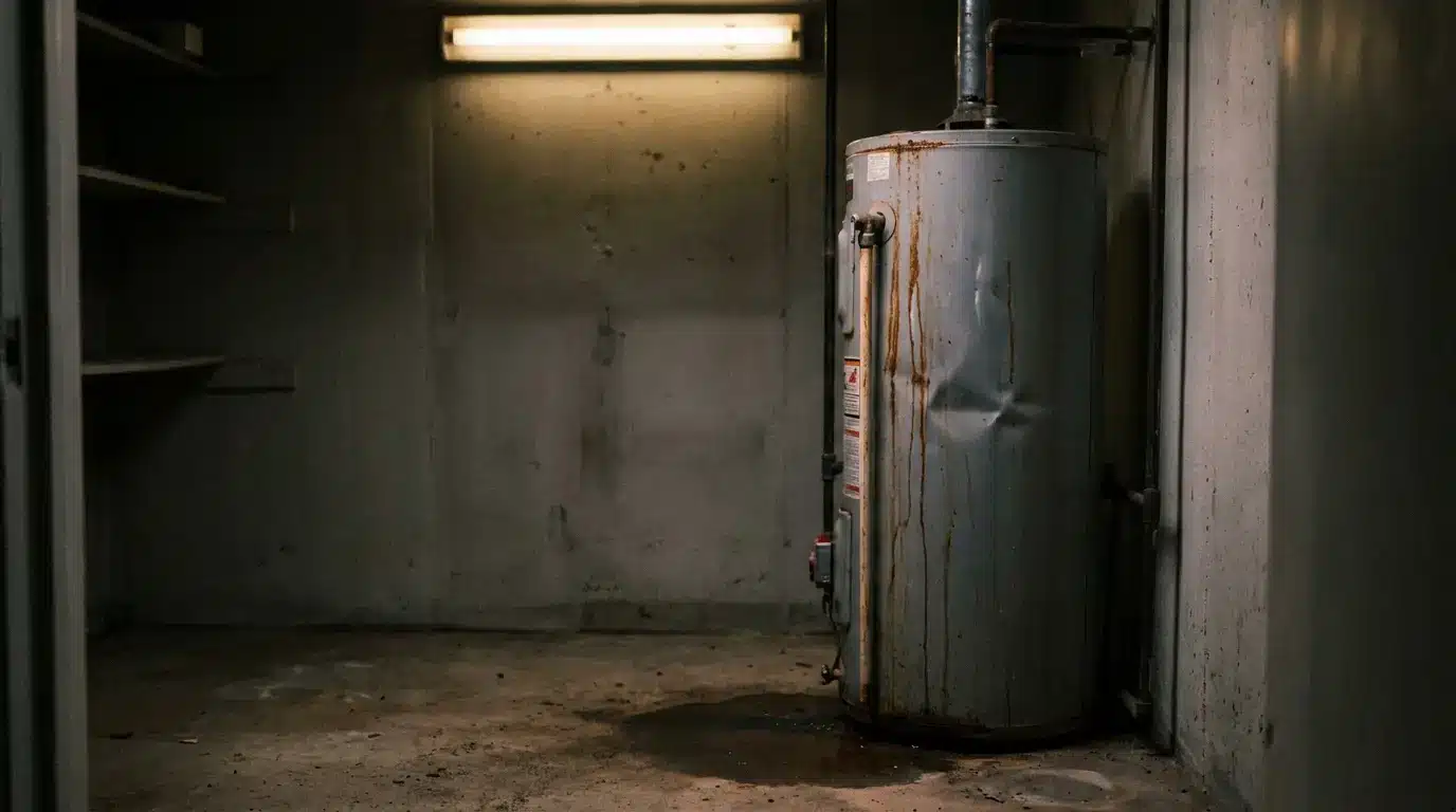 Rusted water heater in dimly lit basement with concrete walls and floor