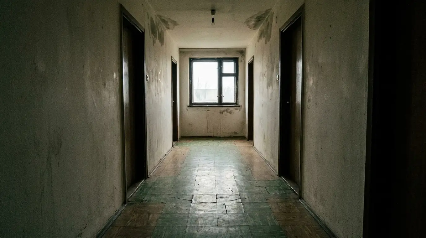 Dimly lit, worn-out hallway with cracked floor and peeling paint walls