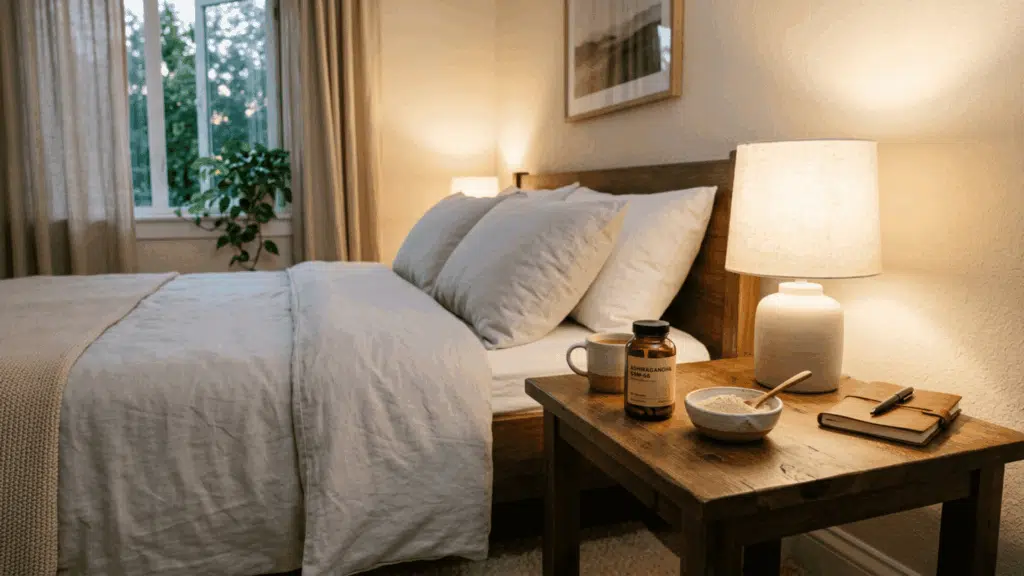 ashwagandha supplement and capsules on a bedside table beside a neatly made bed at night