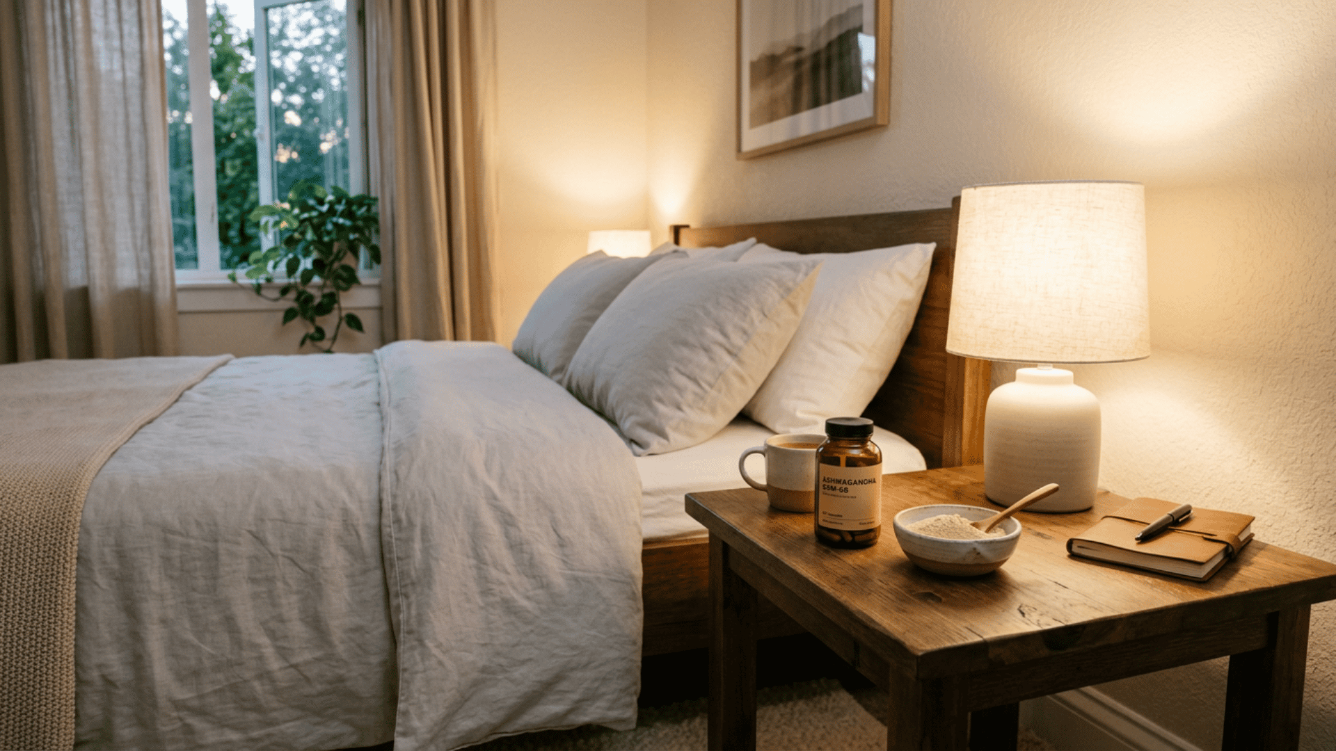 ashwagandha supplement and capsules on a bedside table beside a neatly made bed at night