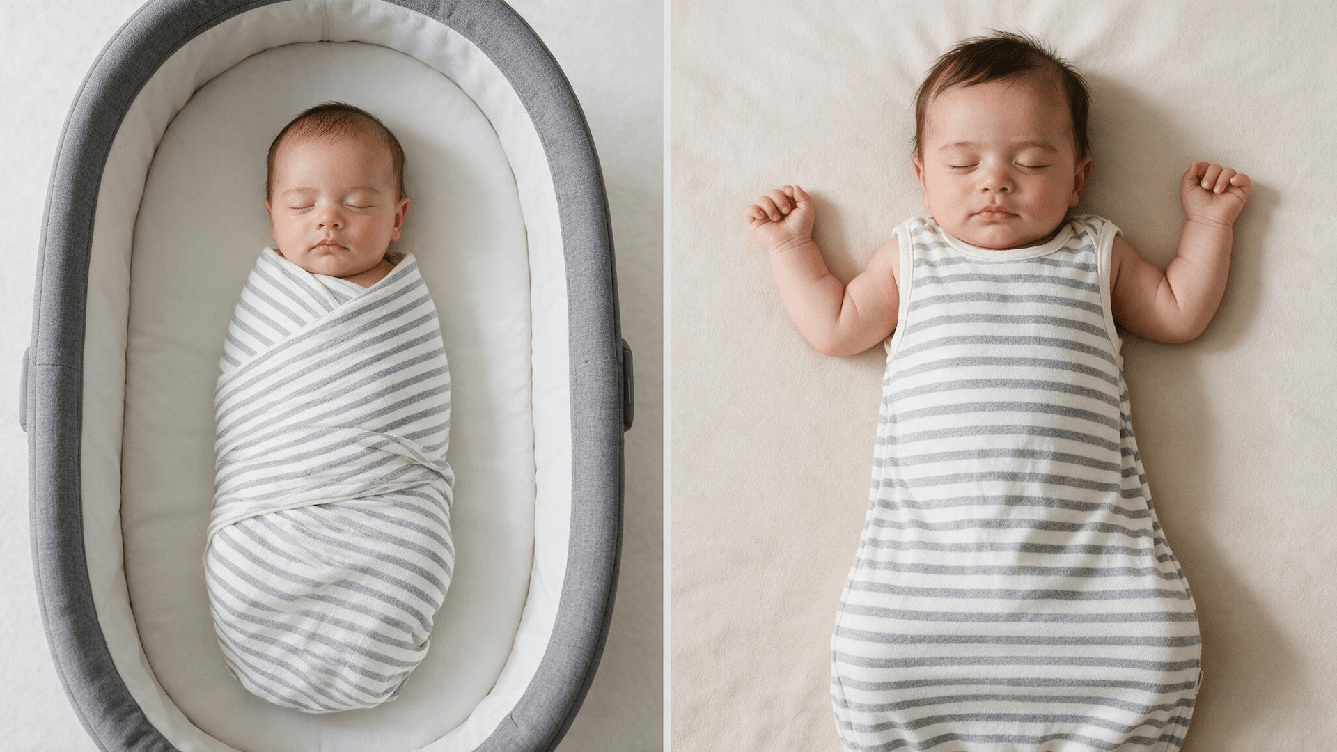 baby sleeping in swaddle and sleep sack showing the difference between both options.