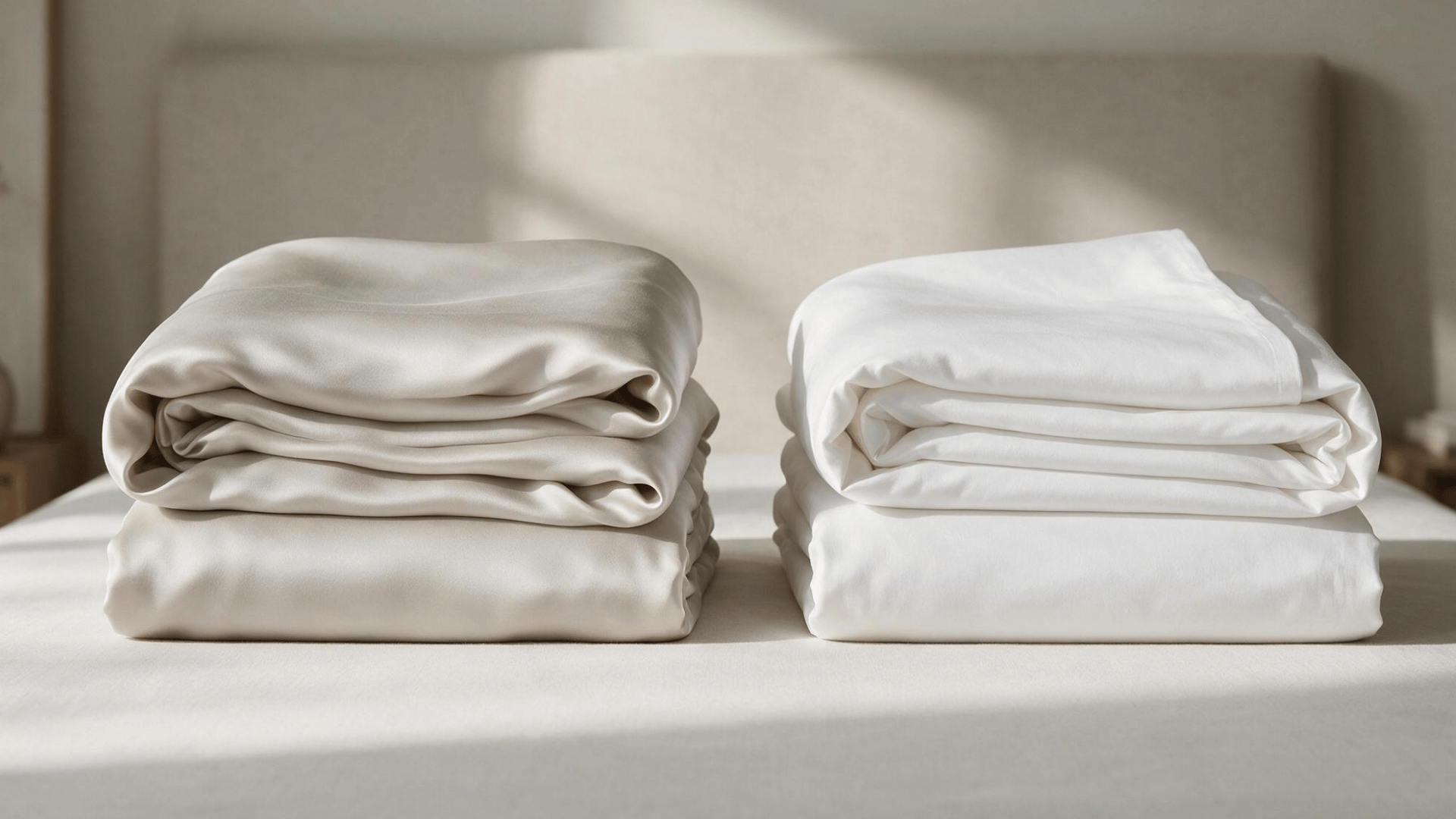 folded bamboo viscose and egyptian cotton sheets displayed side by side in soft daylight