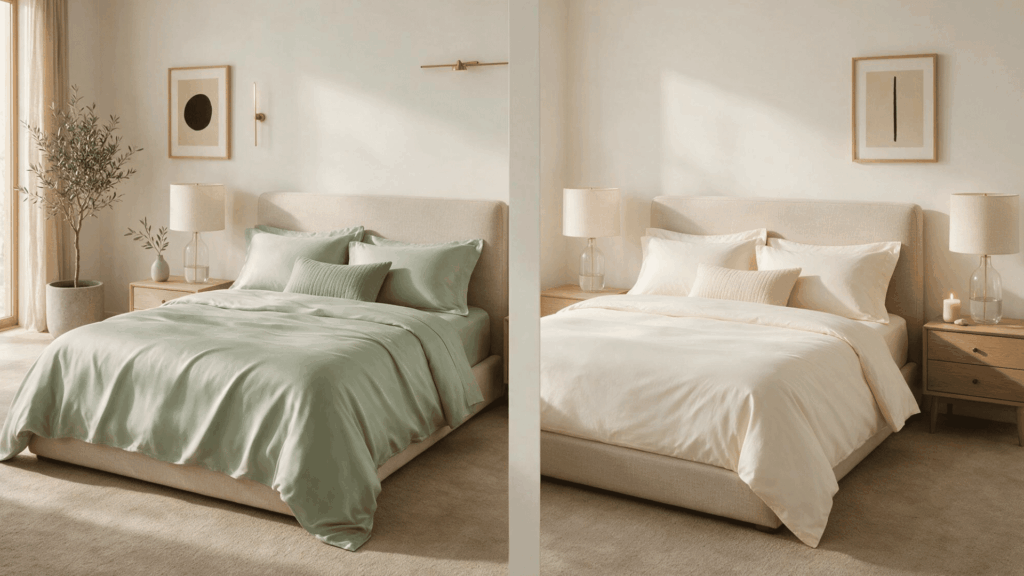 split bedroom comparing sage green bamboo sheets with crisp ivory cotton sheets