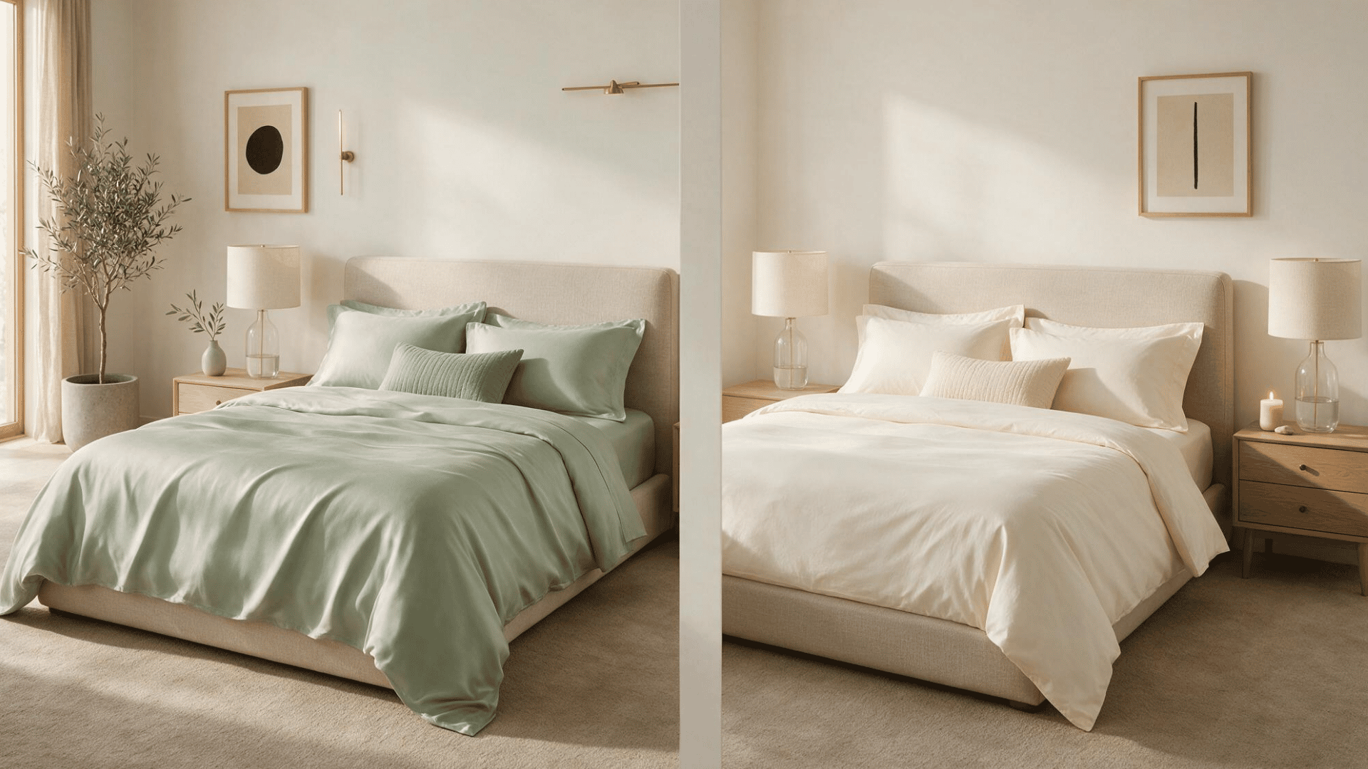 split bedroom comparing sage green bamboo sheets with crisp ivory cotton sheets