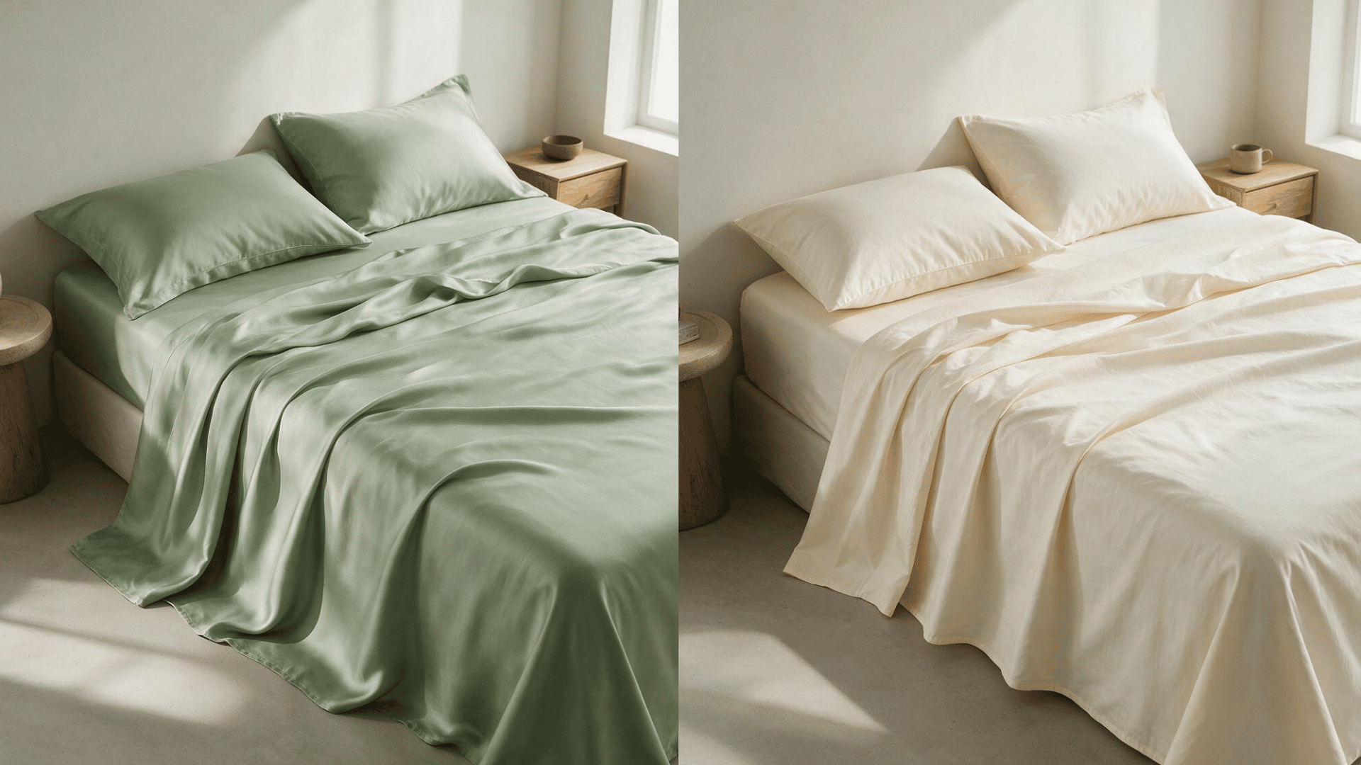split bedroom showing sage green bamboo sheets beside crisp ivory cotton sheets