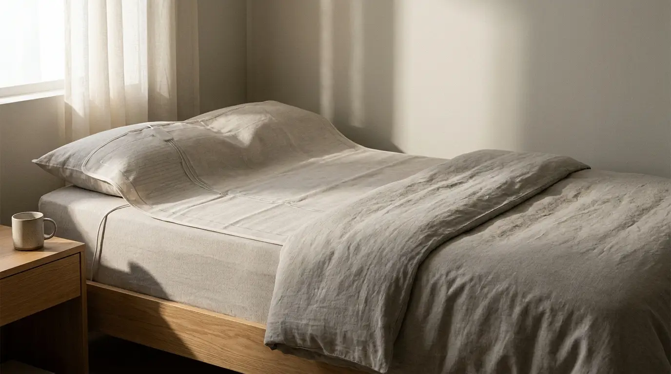 Simple bed with beige linen sheets next to wooden bedside table in sunlit room
