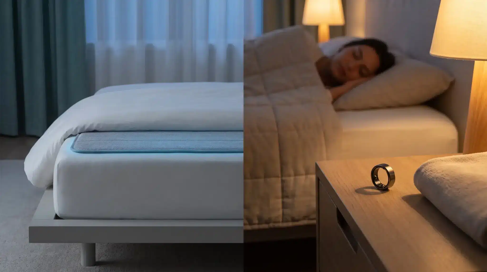 Bedroom with smart mattress and person sleeping, bedside lamp casting warm light