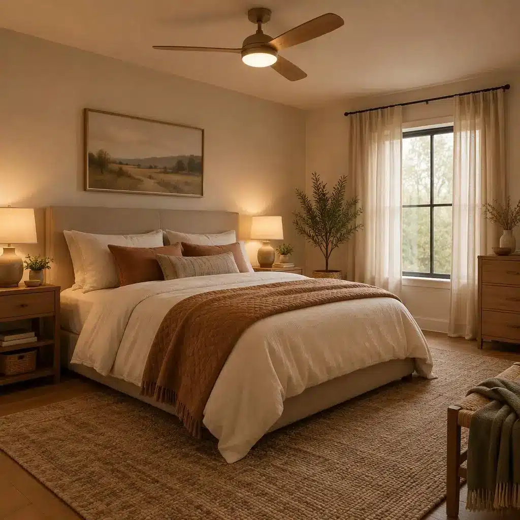 Cozy bedroom with beige bedding, wooden furniture, and warm lighting through large window