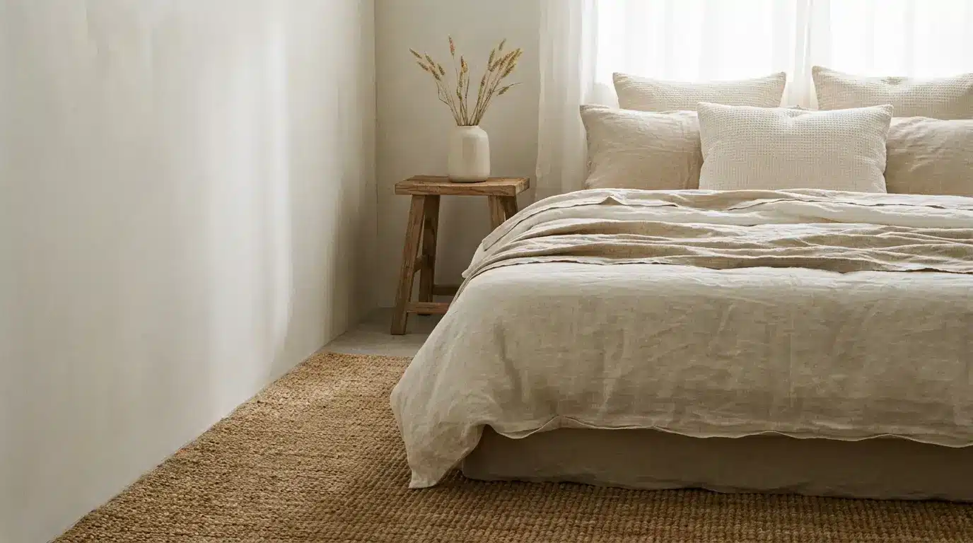 Neutral-toned bedroom with linen bedding, wooden stool, and pampas grass on woven rug
