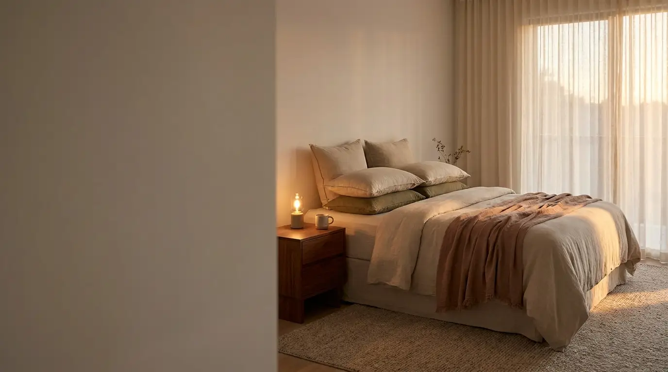 Cozy bedroom with beige bedding and a wooden nightstand under soft natural light