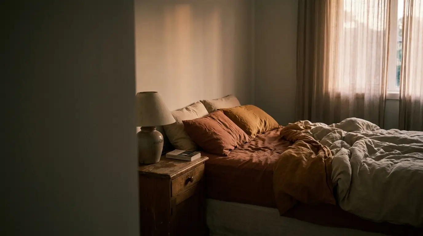 Cozy bedroom with rumpled bed and earth-toned pillows beside wooden nightstand and soft lighting
