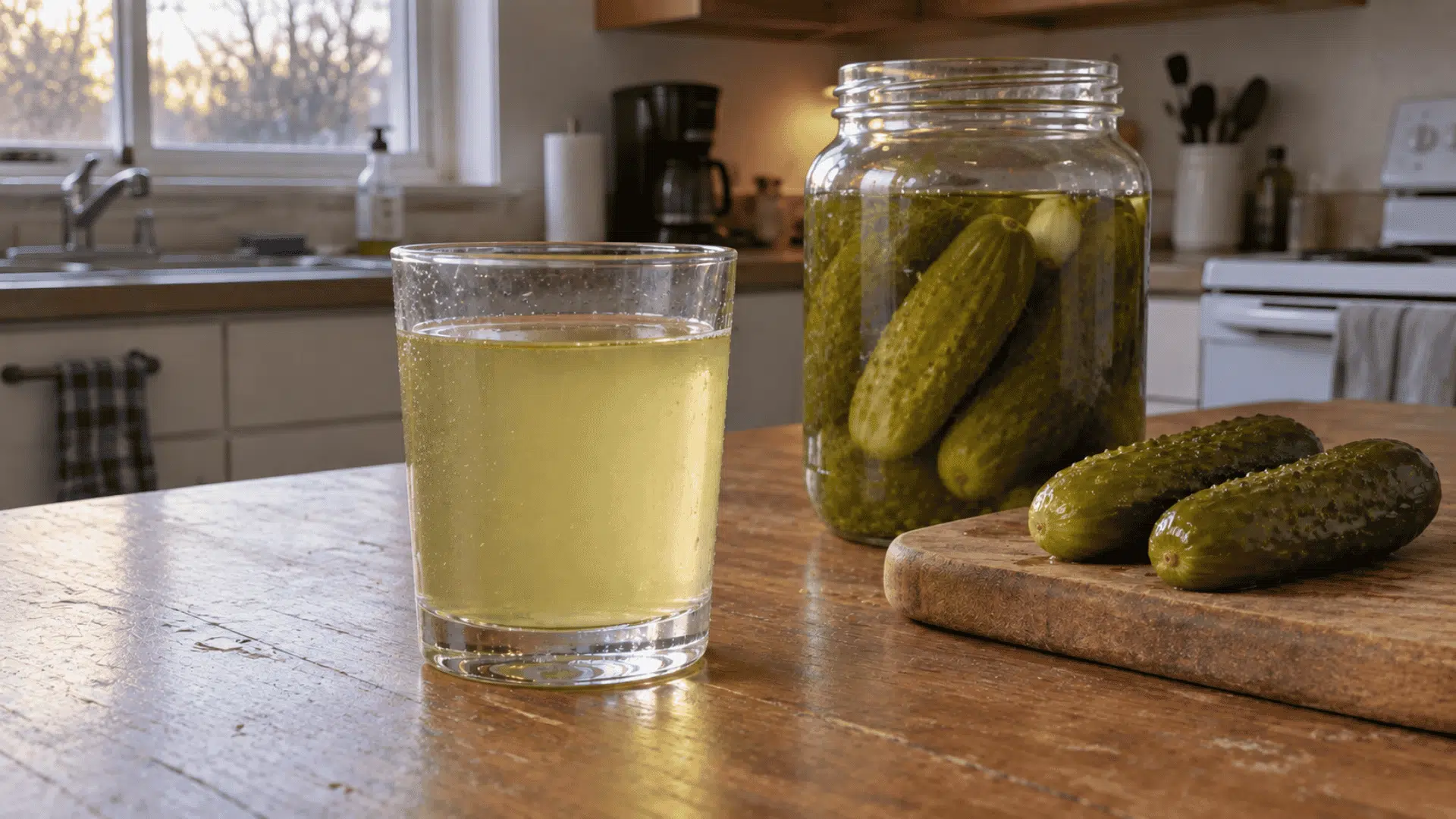 A glass of pickle juice beside an open pickle jar and two pickles on a wooden table