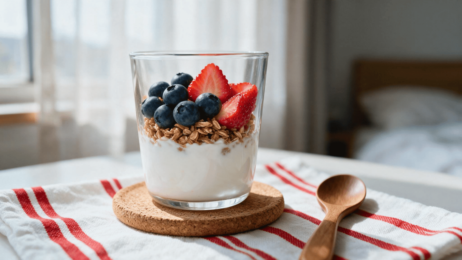 Yogurt parfait with blueberries, strawberries, and granola in a glass