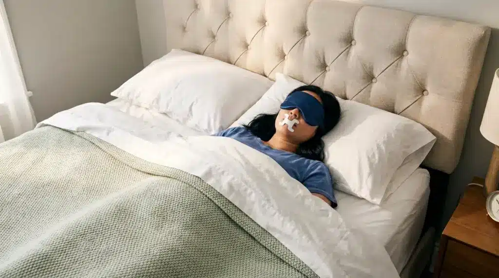 woman sleeping in bed with an eye mask and a vertical strip of mouth tape over her lips