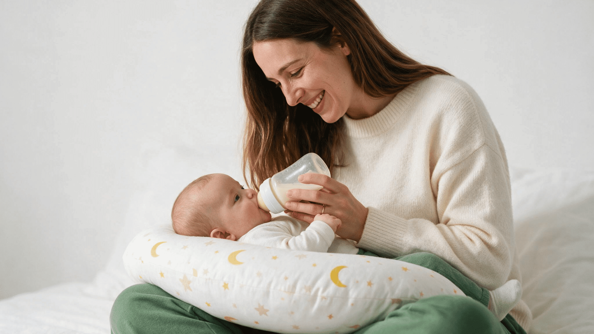 mother bottle-feeding her baby supported comfortably on a nursing pillow