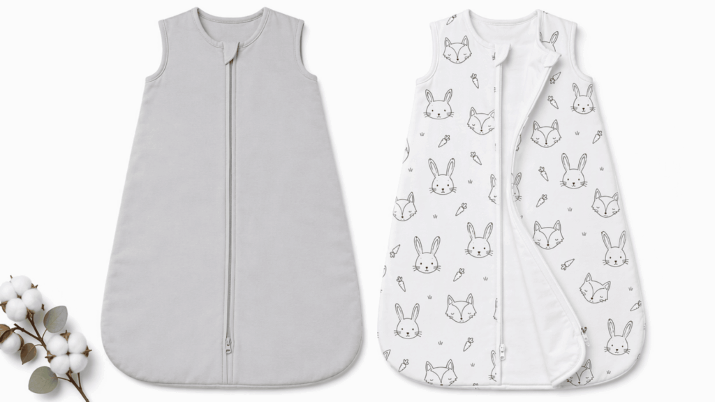 baby sleep sacks displayed in different designs with zipper closure and soft fabric styles.