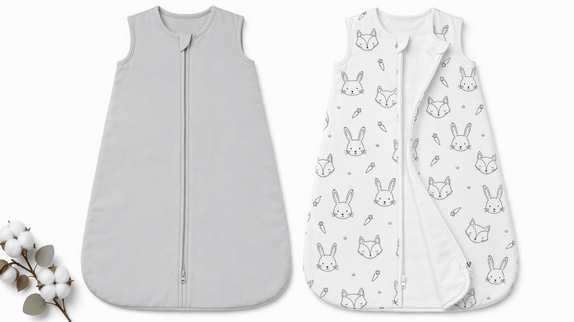 baby sleep sacks displayed in different designs with zipper closure and soft fabric styles.