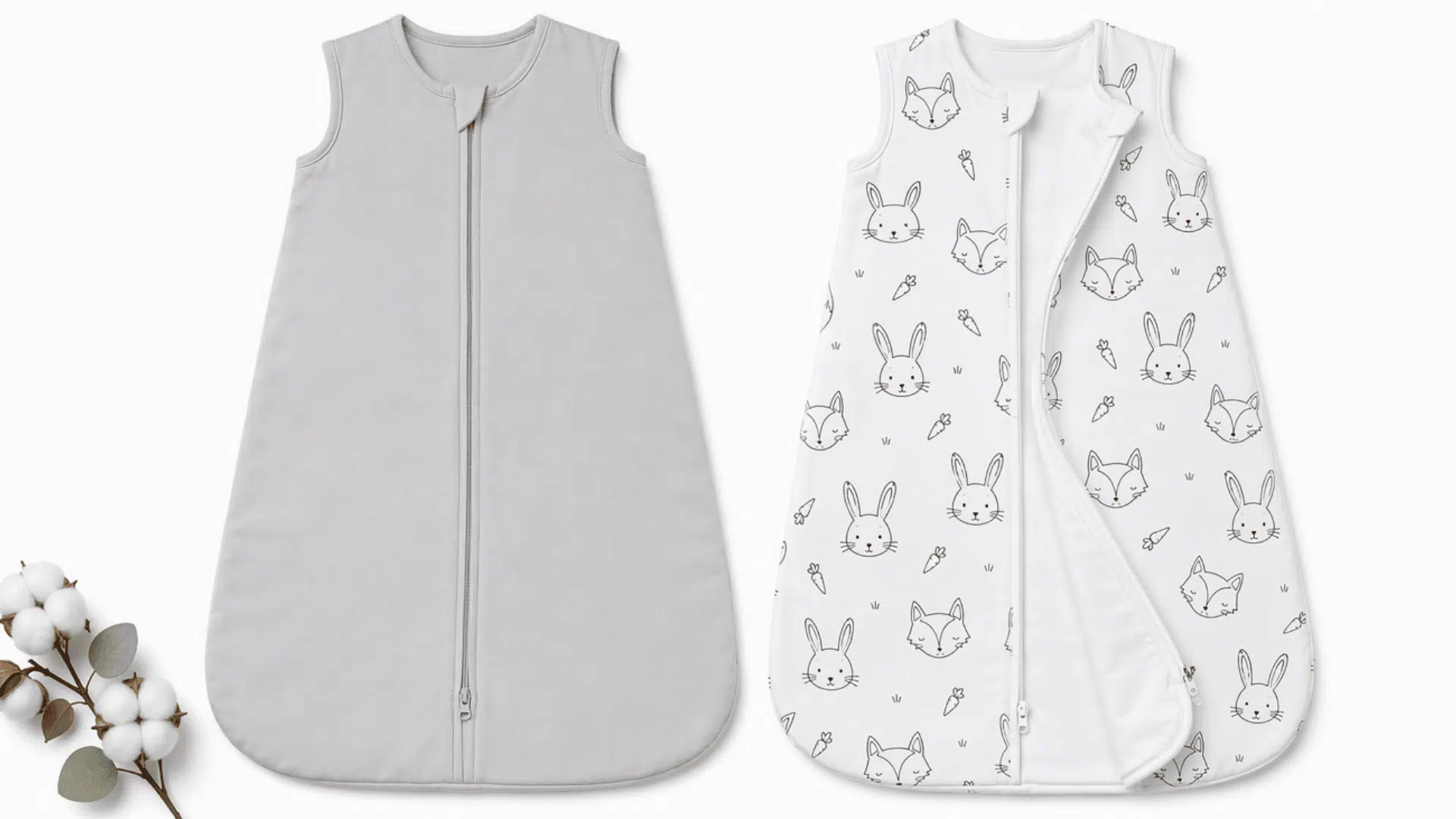 baby sleep sacks displayed in different designs with zipper closure and soft fabric styles.