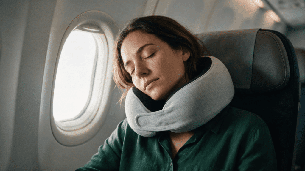 woman sleeping on an airplane using a supportive gray travel neck pillow
