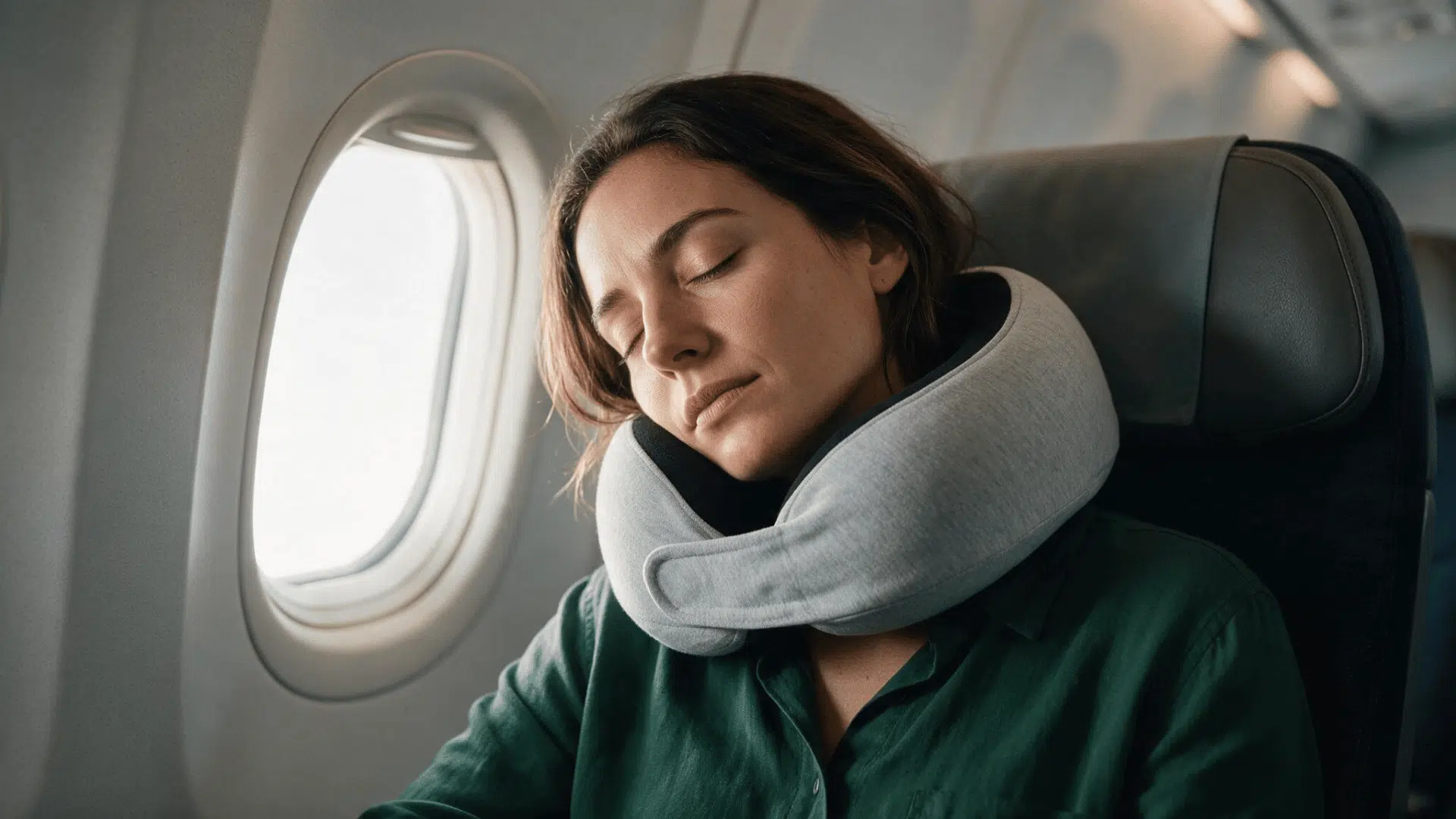 woman sleeping on an airplane using a supportive gray travel neck pillow