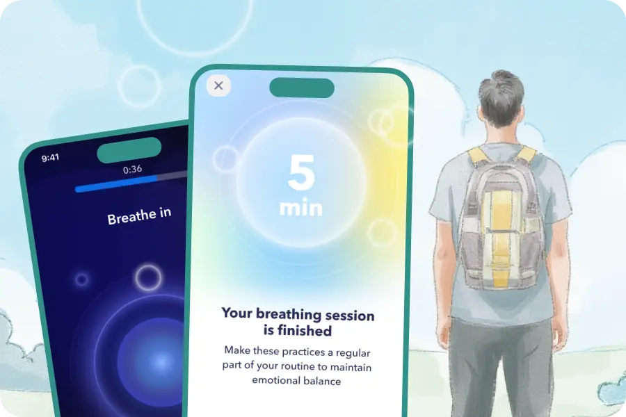 Smartphone screens displaying breathing app overlaid on serene outdoor scene with backpacked person