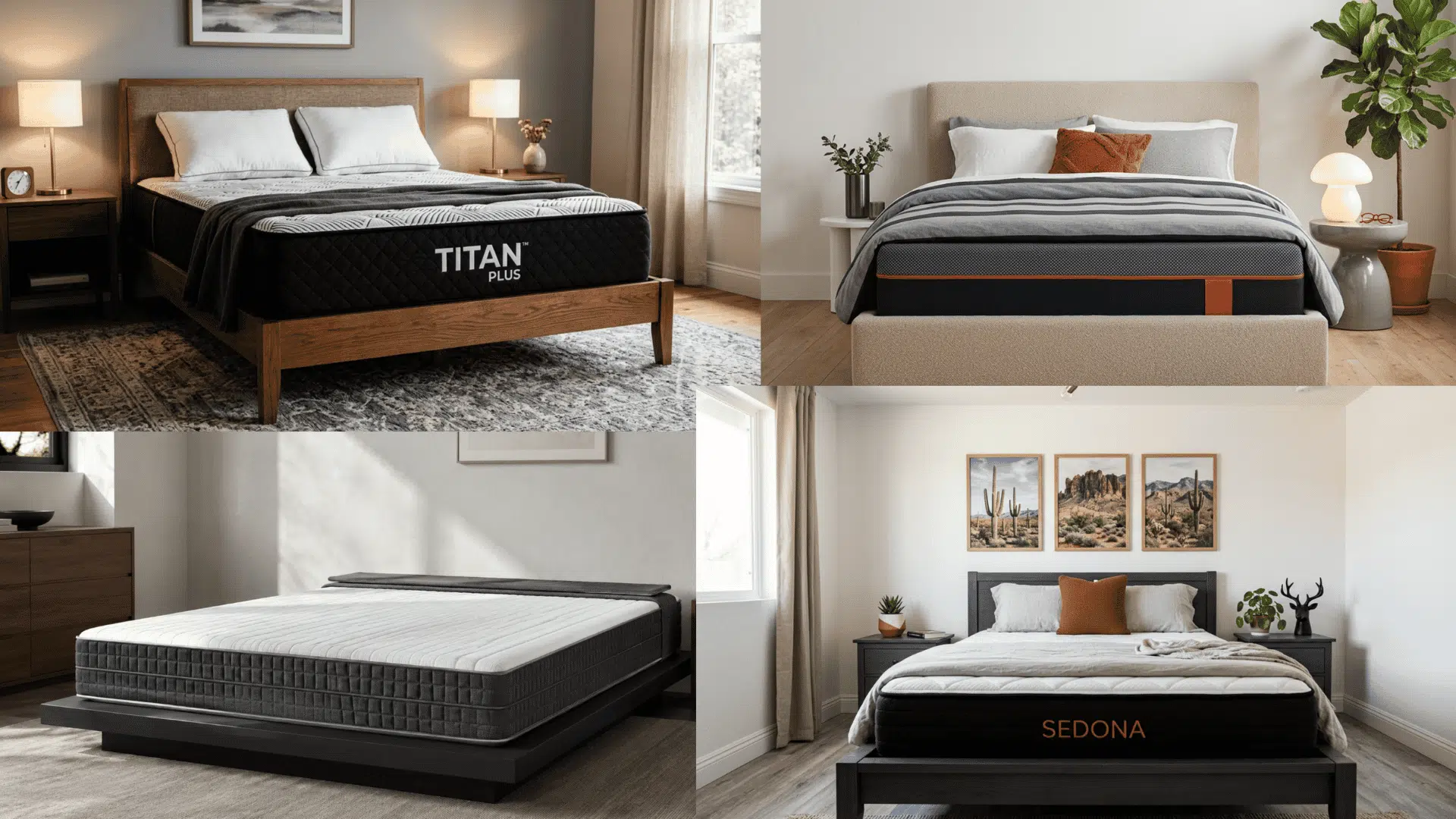 Four Brooklyn Bedding mattress models displayed in stylish, modern bedroom settings