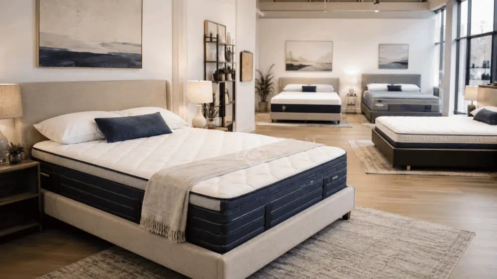 Modern mattress showroom displaying several hybrid models with different comfort and support levels.