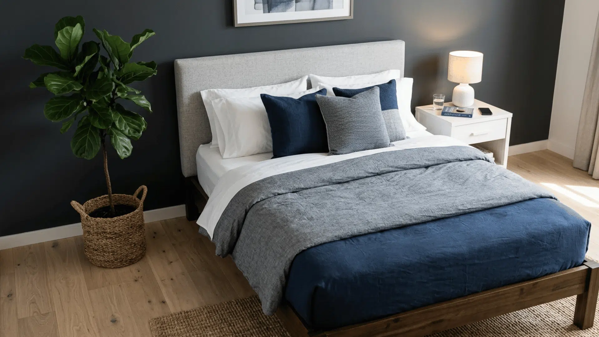 Modern bedroom featuring a neatly made bed with navy and gray bedding, wooden frame, plant décor, and warm bedside lighting.