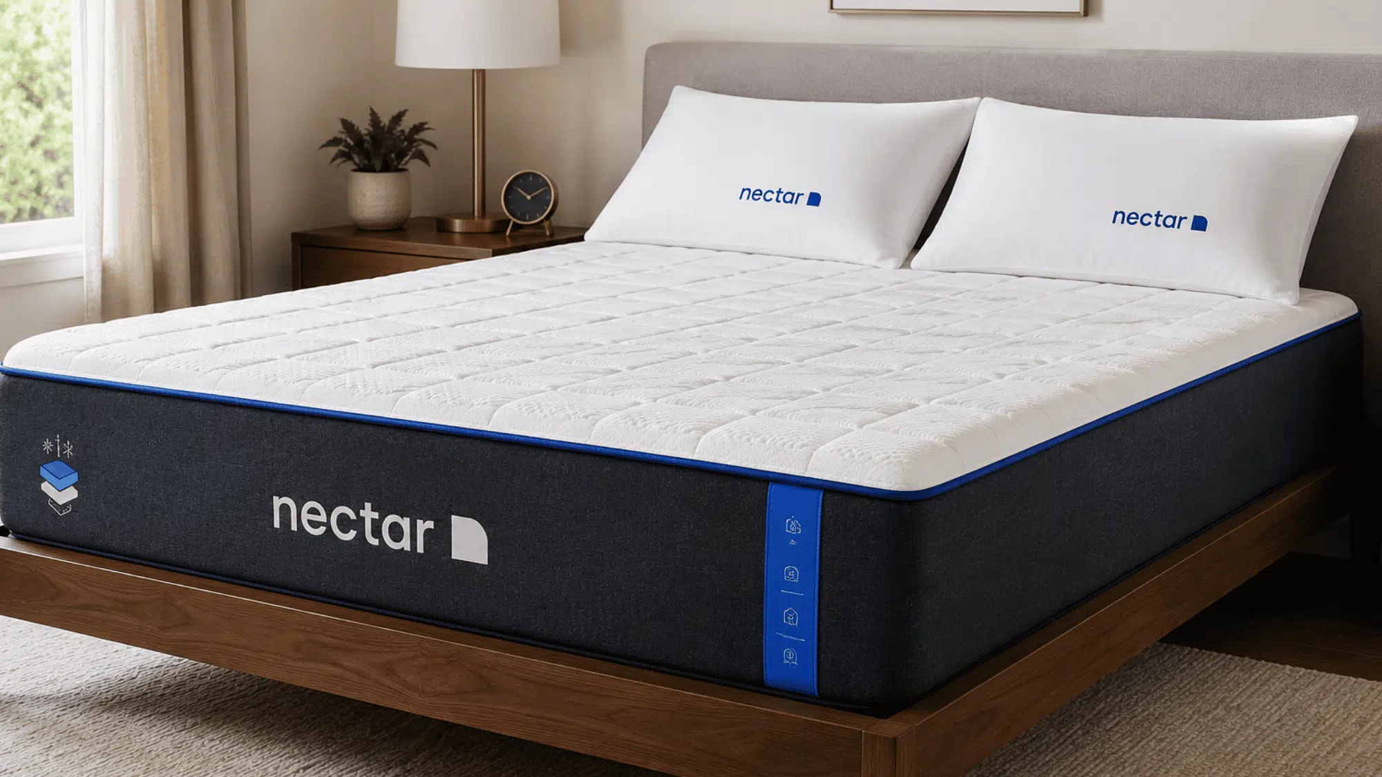 Nectar mattress with a quilted white surface displayed on a polished bed in a bright modern bedroom.