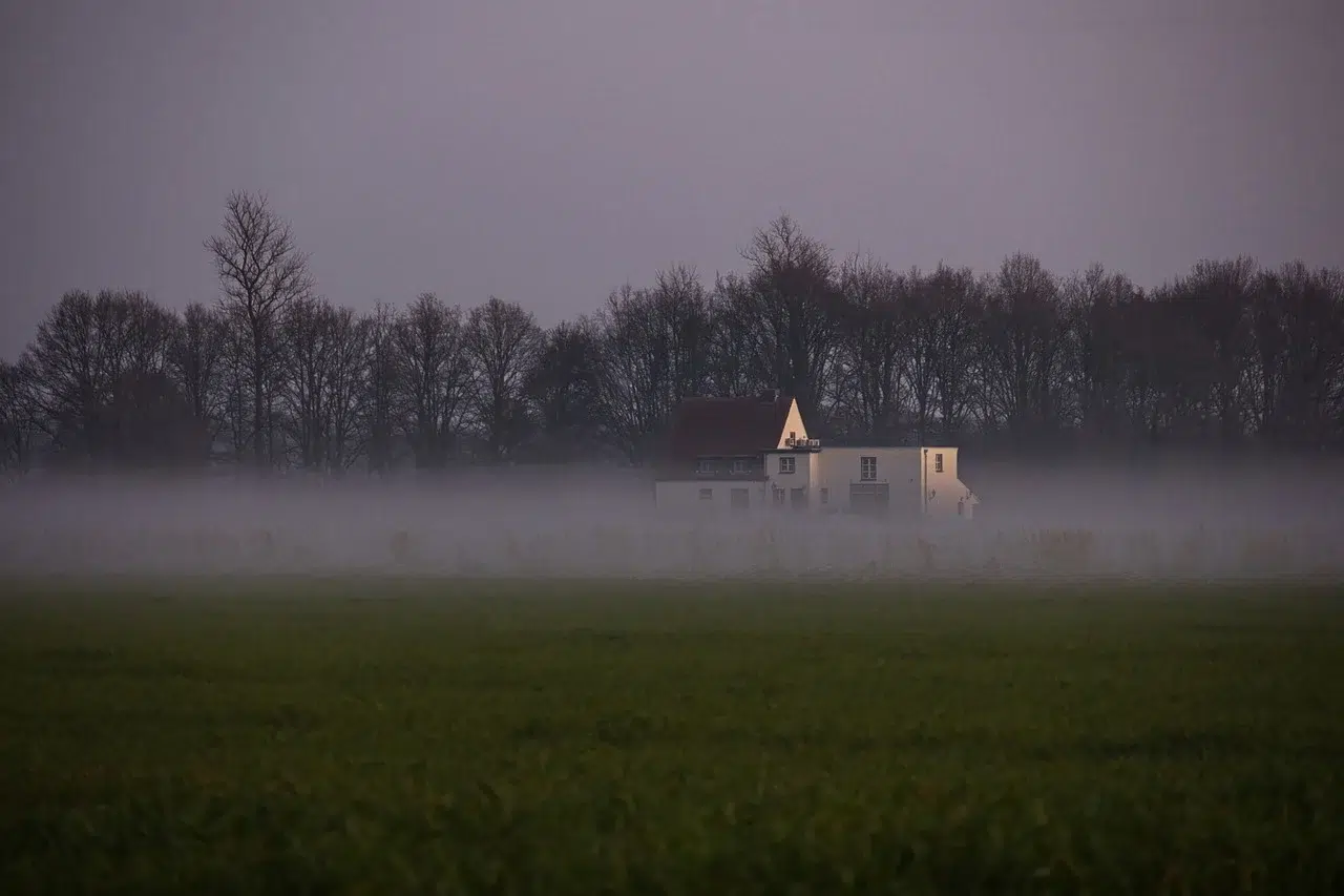 House surrounded by fog in a field with trees in the background at dusk