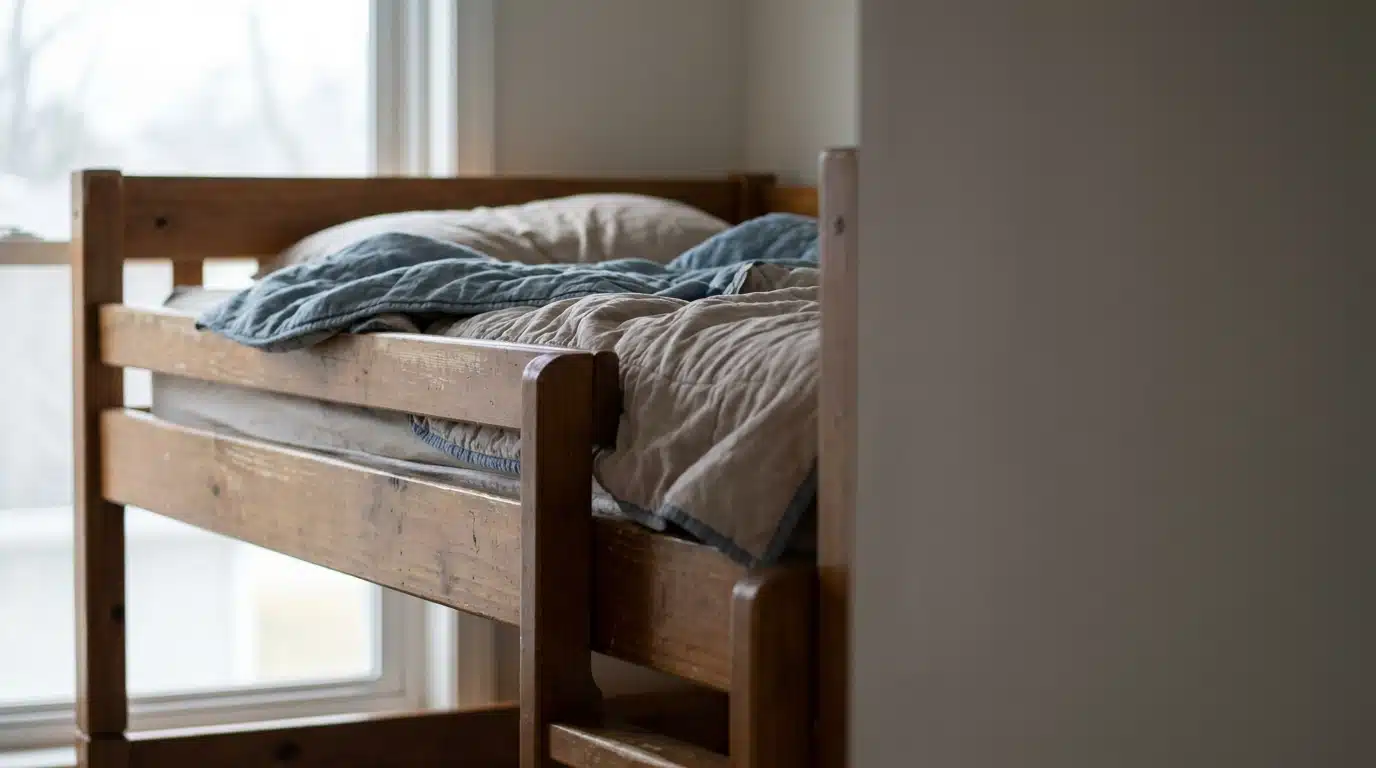 Wooden bunk bed with blue and beige bedding in a softly lit room