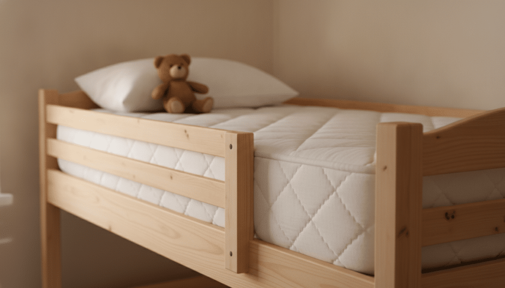 Natural wood crib with white quilted mattress and teddy bear in cozy room