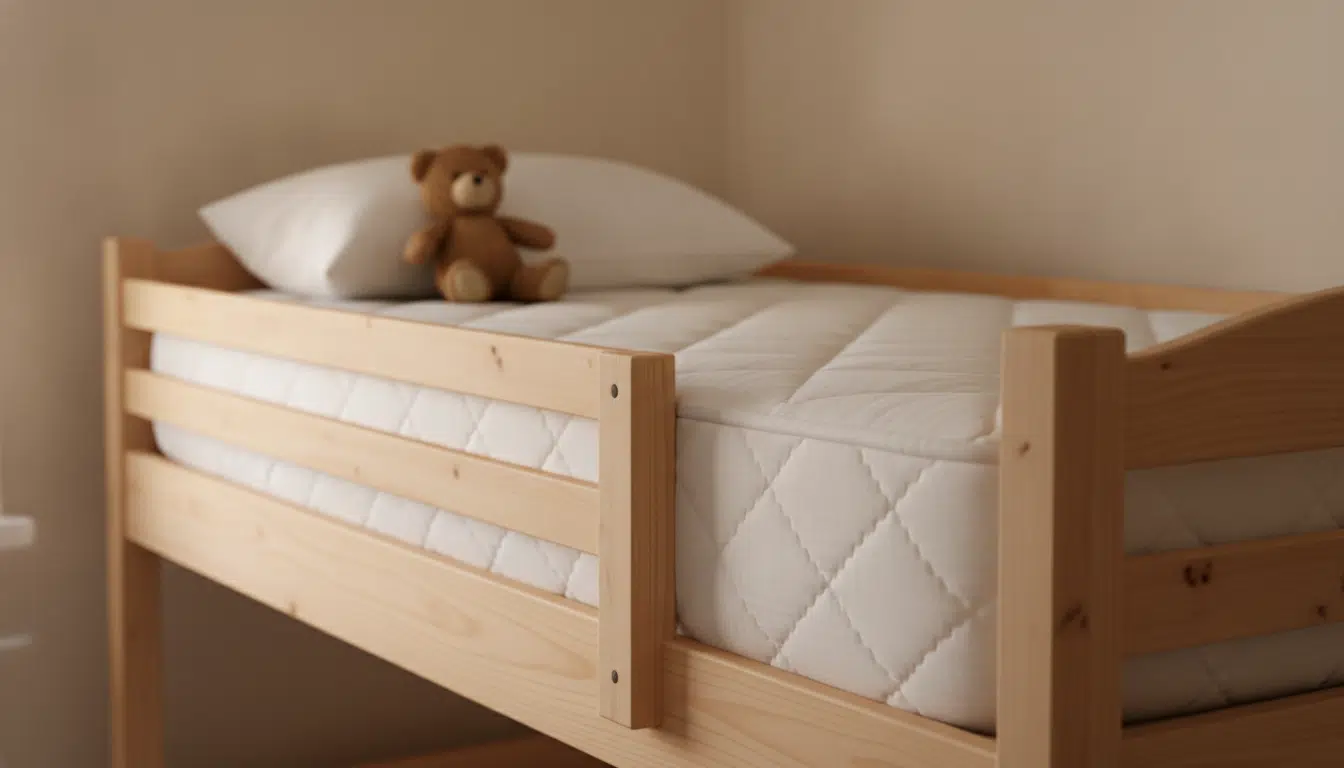 Natural wood crib with white quilted mattress and teddy bear in cozy room
