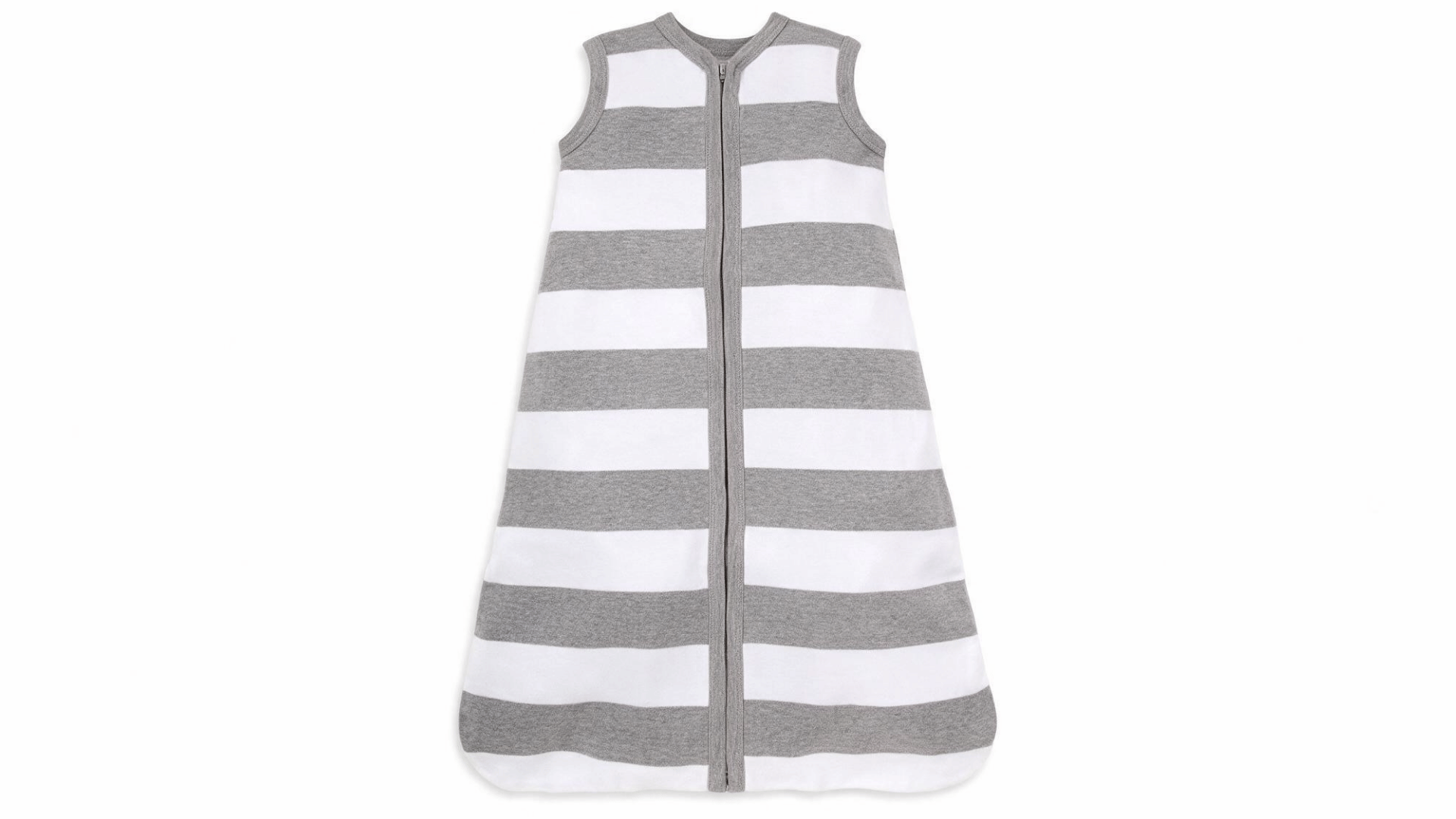 gray and white striped sleeveless baby sleep sack with front zipper on a white background