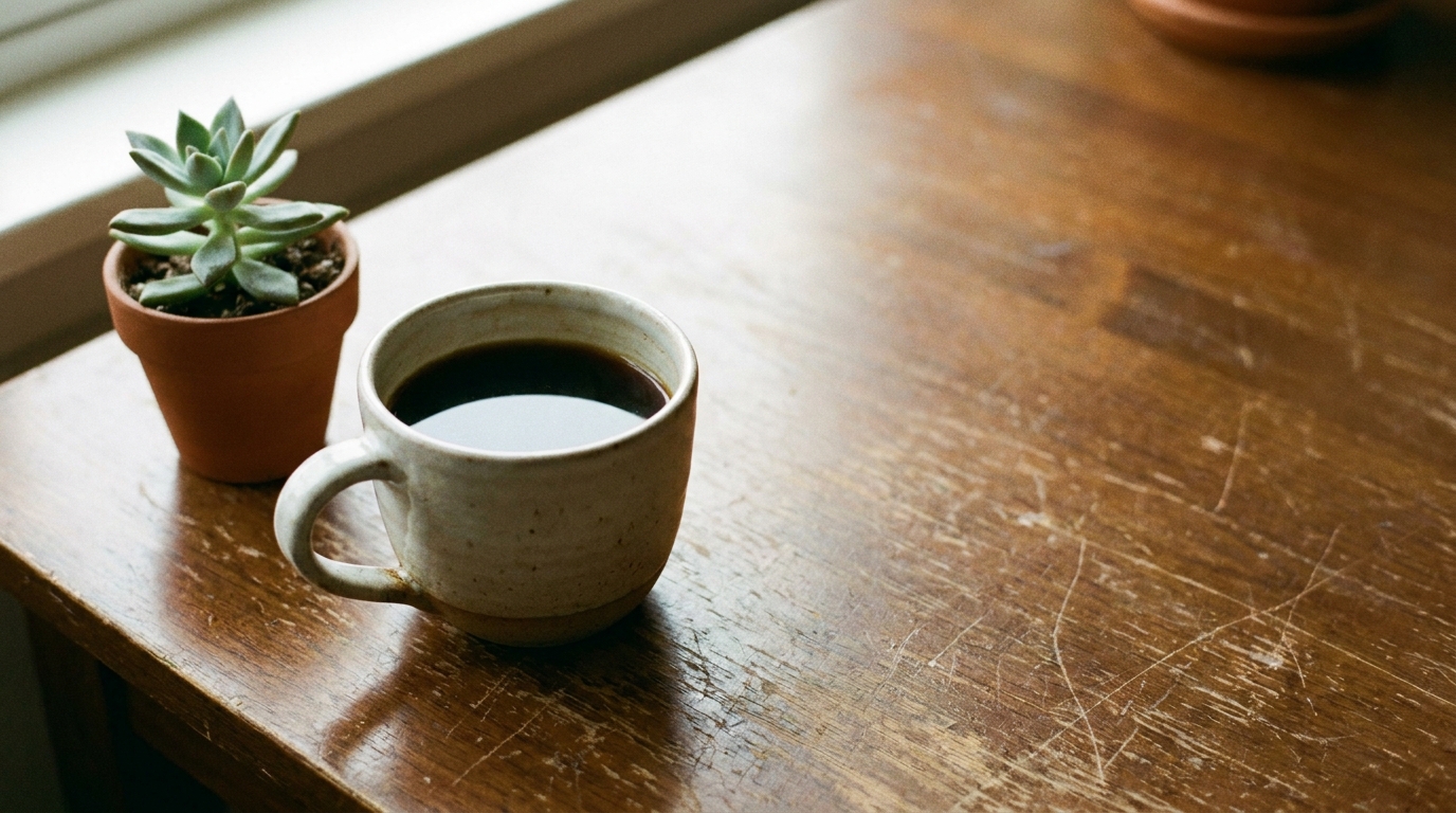 Ceramic mug of black coffee and small potted succulent on rustic wooden table