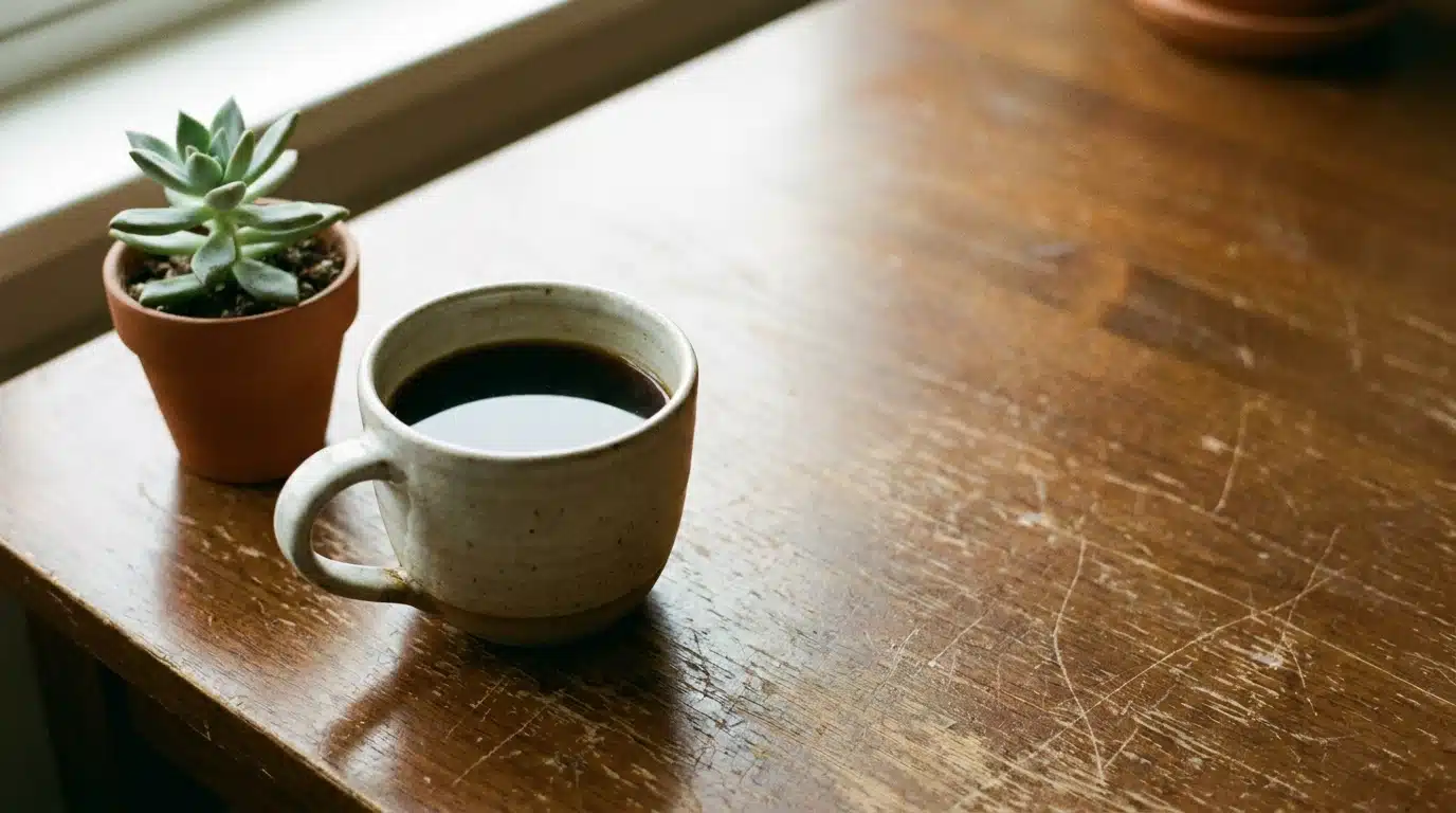 Ceramic mug of black coffee and small potted succulent on rustic wooden table