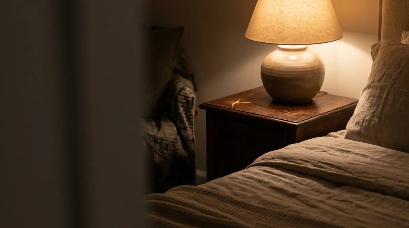 Bedside table with ceramic lamp in cozy dimly lit bedroom setting